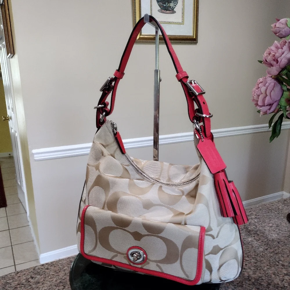 Coach Legacy Signature Courtney Hobo Bag Khaki and Coral Style #22392